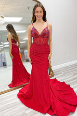 Red Prom Dress Beaded Mermaid Spaghetti Straps Long Formal Dress
