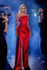 Red Prom Dress Column Asymmetrical Illusion Sleeves Beaded Slit Satin Formal Dress