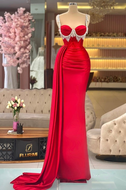 Red Prom Dress Column Sweetheart Spaghetti Strap Sleeveless Panel Train Satin Formal Dress With Tassel