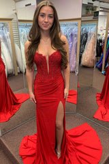 Red Prom Dress Corset Long Formal Dress With Lace