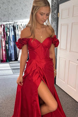 Red Prom Dress Floral A-Line Corset Long Formal Dress With Slit
