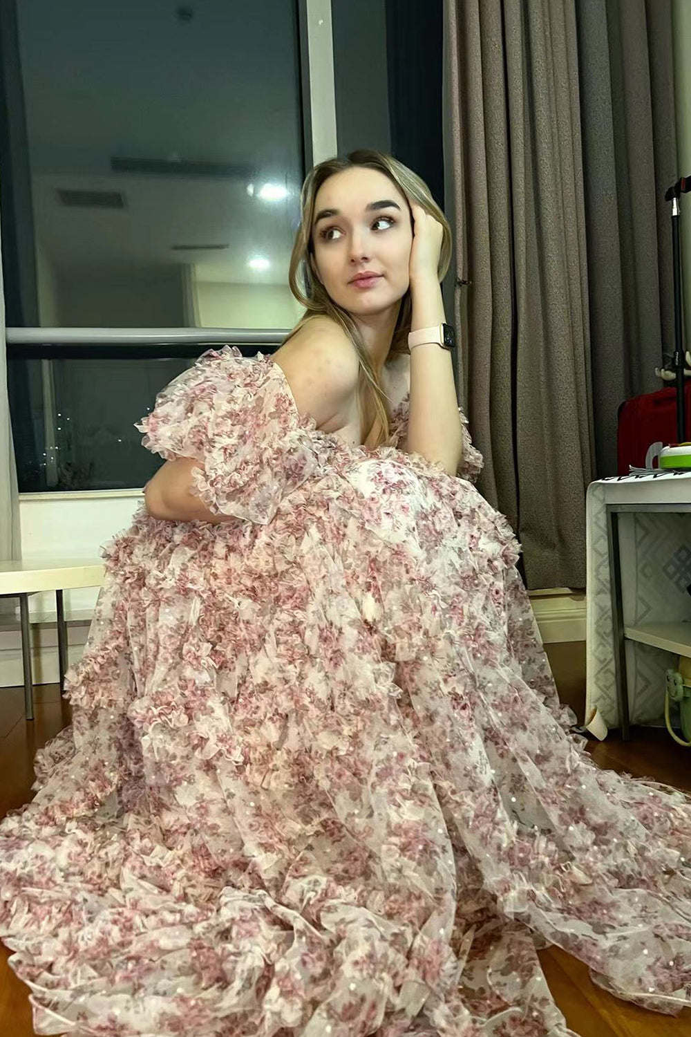 Red Prom Dress Floral Off the Shoulder Long Evening Dress