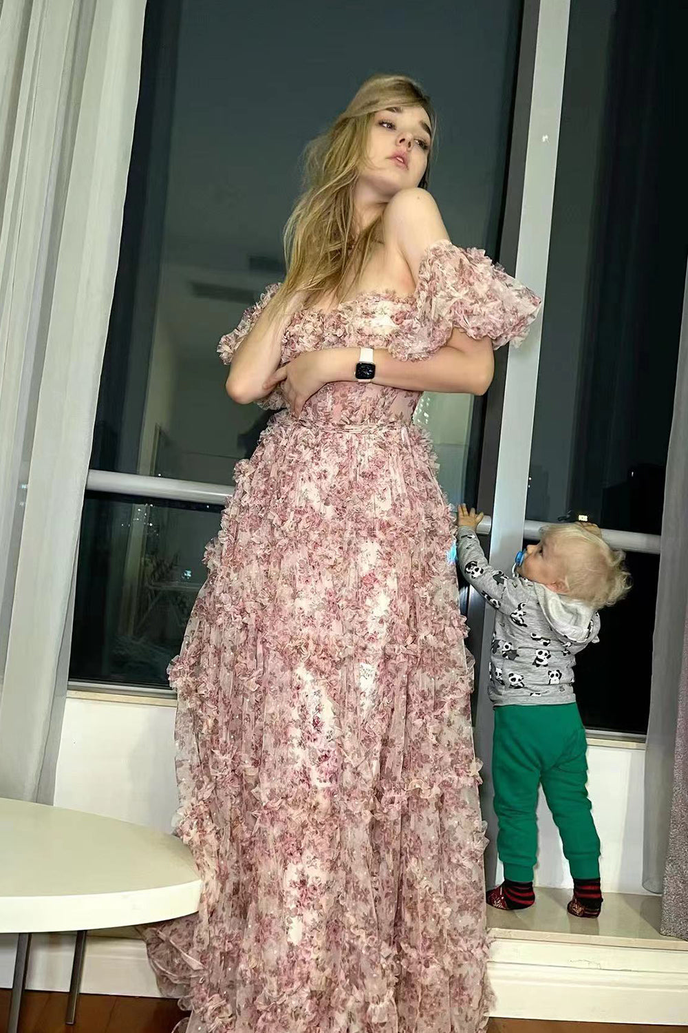 Red Prom Dress Floral Off the Shoulder Long Evening Dress