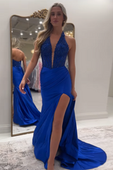 Red Prom Dress Halter Lace Corset Formal Dress With Slit