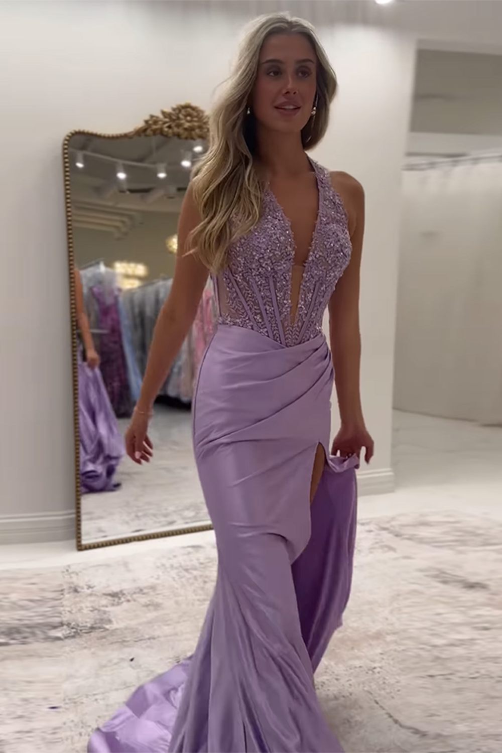 Red Prom Dress Halter Lace Corset Formal Dress With Slit