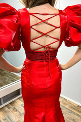 Red Prom Dress Mermaid Beaded V-Neck Long Formal Dress With Puff Sleeves