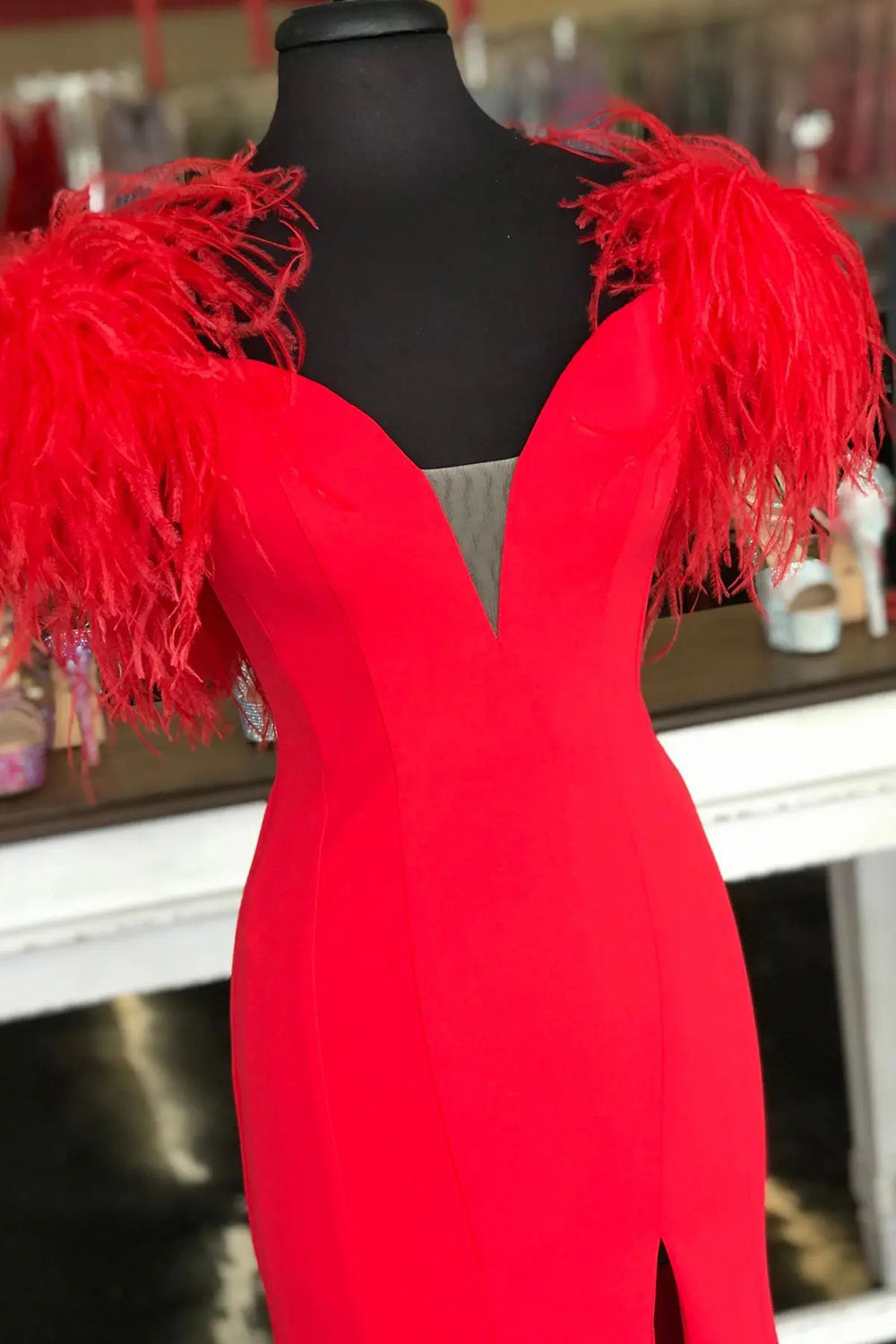 Red Prom Dress Mermaid Long Evening Dress with Feathers