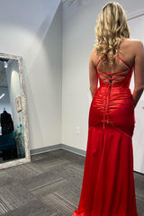 Red Prom Dress Mermaid Spaghetti Straps Long Formal Dress With Slit