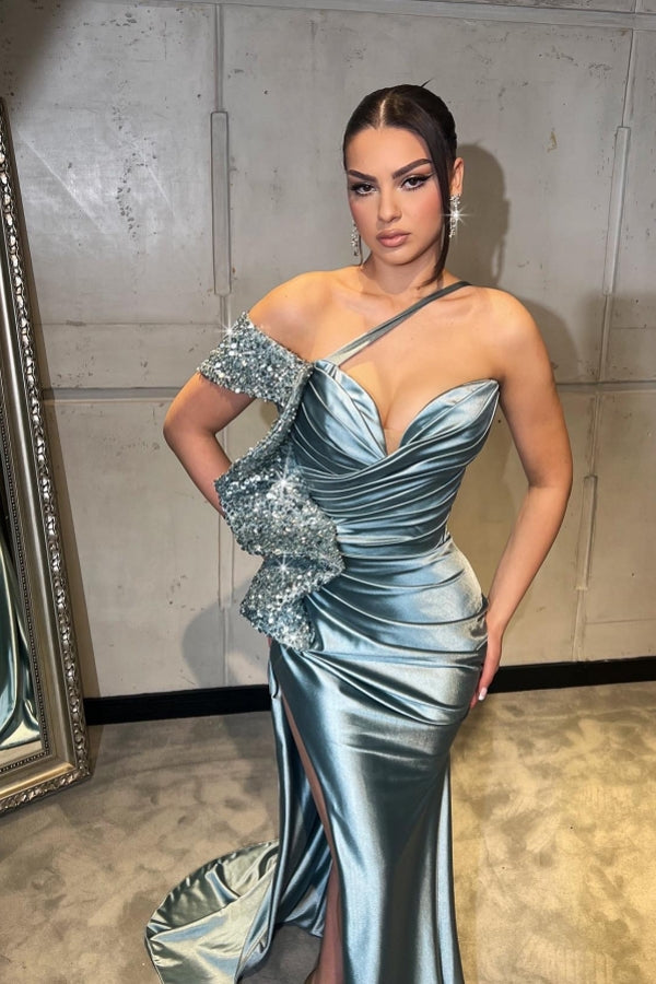 Red Prom Dress One Shoulder Sequined Mermaid Formal Dress With Slit