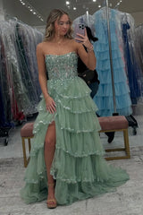 Red Prom Dress Ruffled Corset A Line Long Formal Dress With Lace