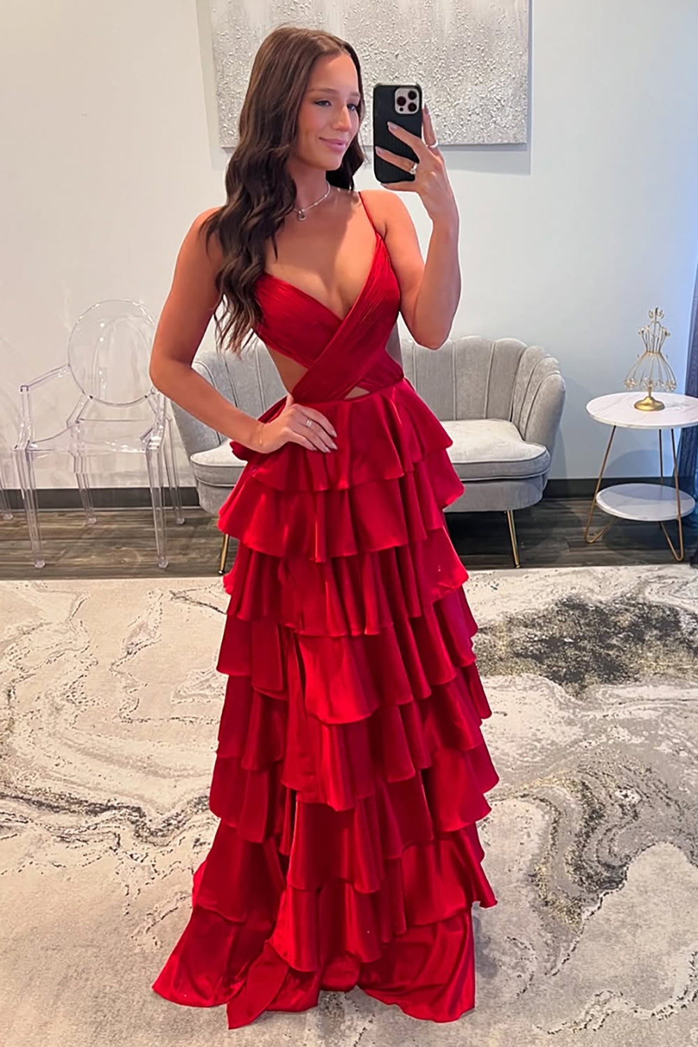 Red Prom Dress Ruffled Ruched Satin A Line Long Formal Dress With Slit