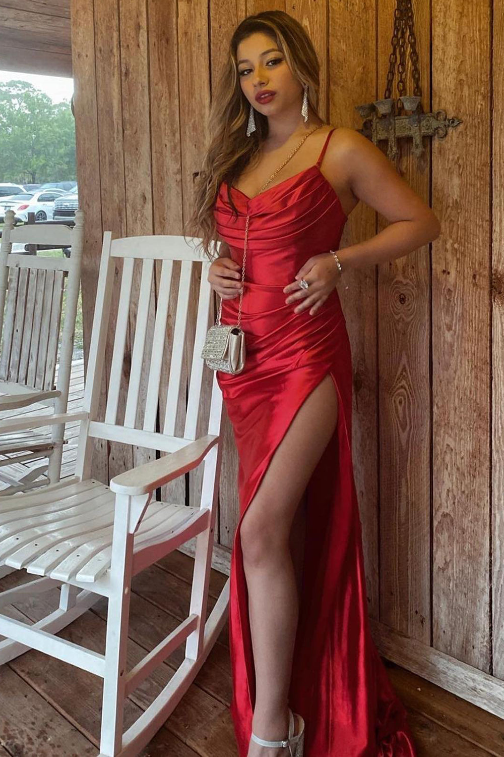 Red Prom Dress Satin Spaghetti Straps Evening Dress with Ruffles
