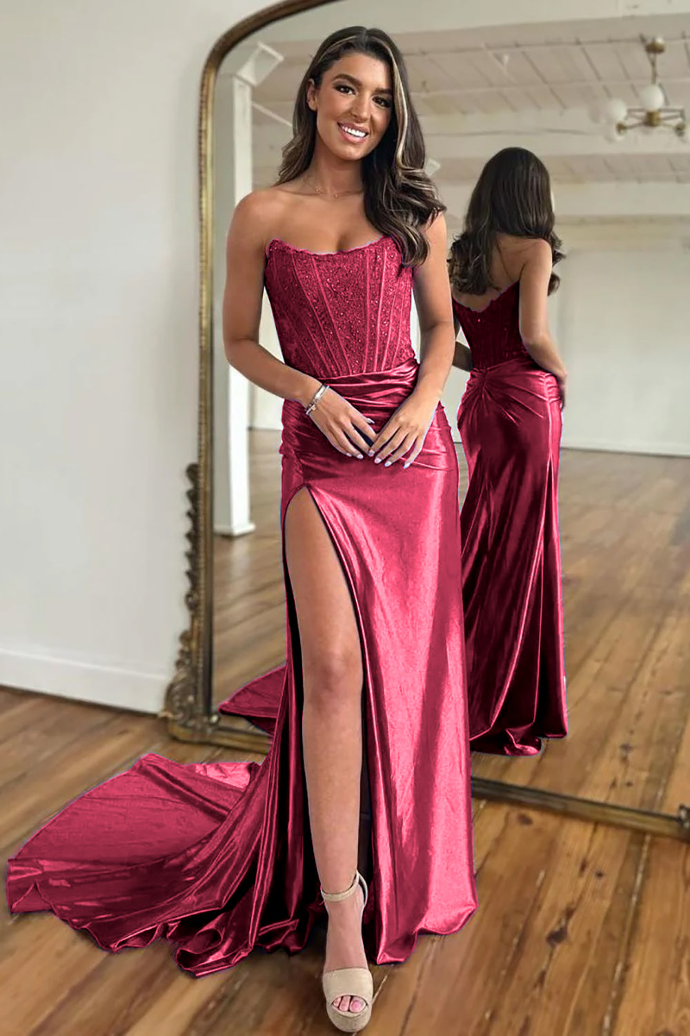 Red Prom Dress Sheath Corset Long Evening Dress with Lace