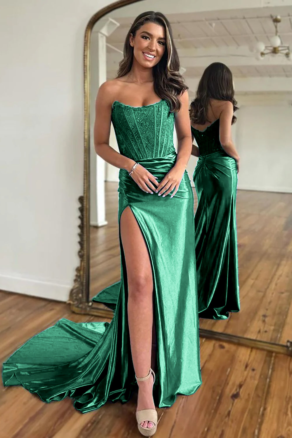 Red Prom Dress Sheath Corset Long Evening Dress with Lace