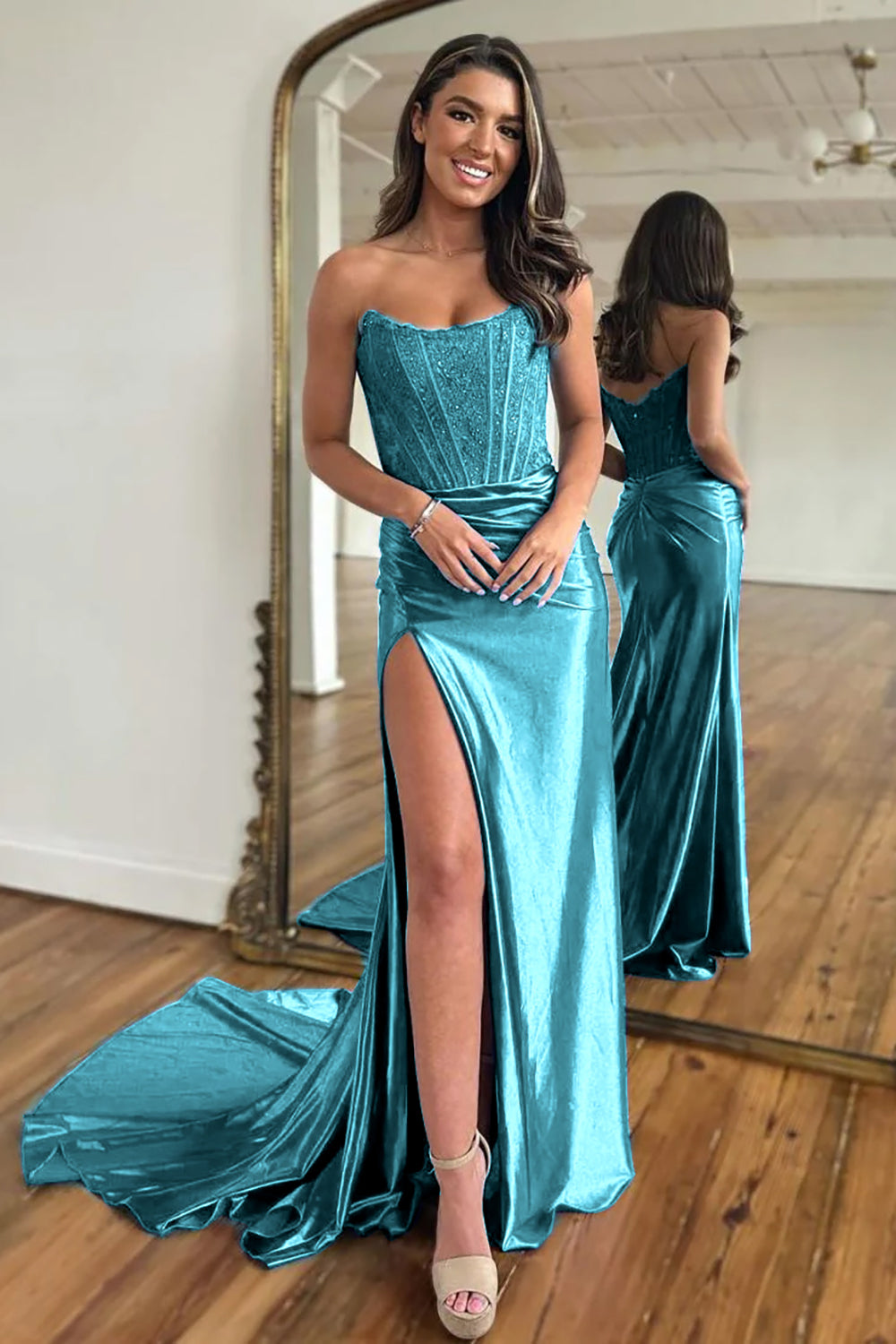 Red Prom Dress Sheath Corset Long Evening Dress with Lace