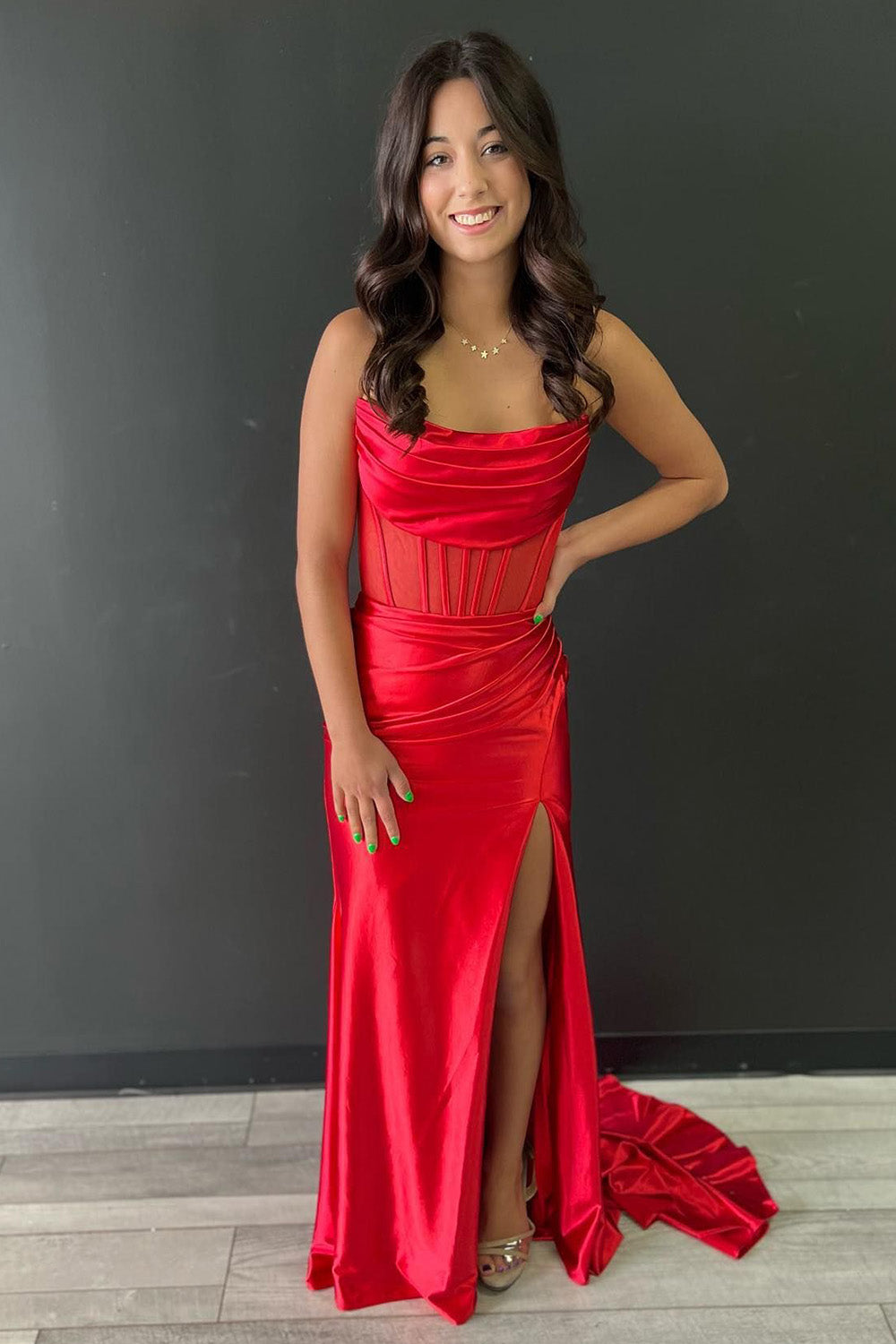 Red Prom Dress Sheath Corset Long Evening Dress with Slit