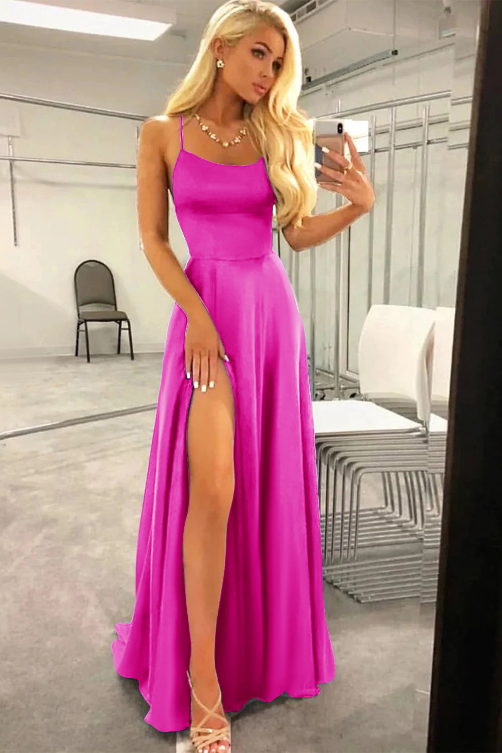 Red Prom Dress Spaghetti Straps Long Evening Dress with Slit