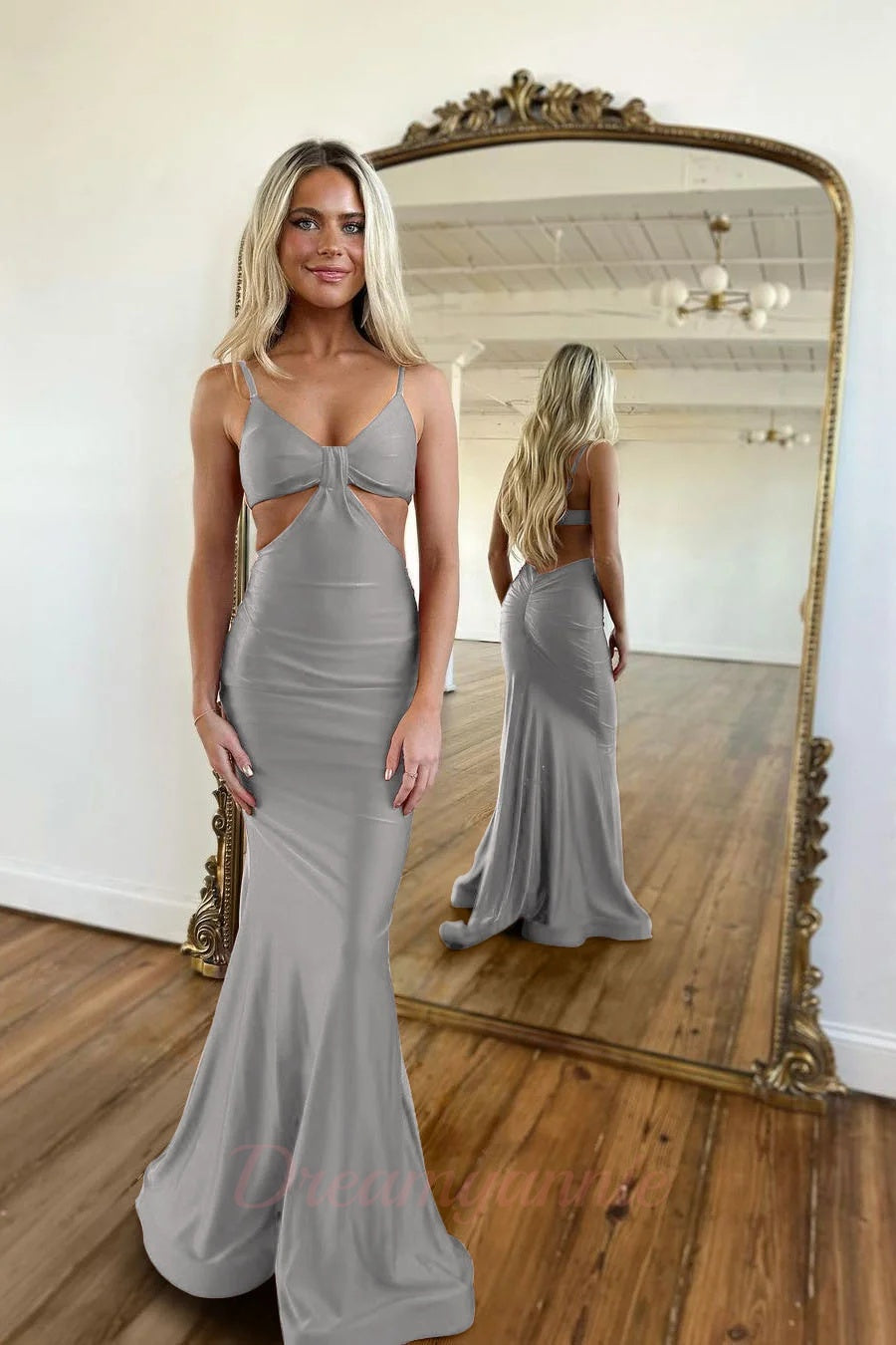 Red Prom Dress Spaghetti Straps Mermaid Cut Out Long Evening Dress with Slit