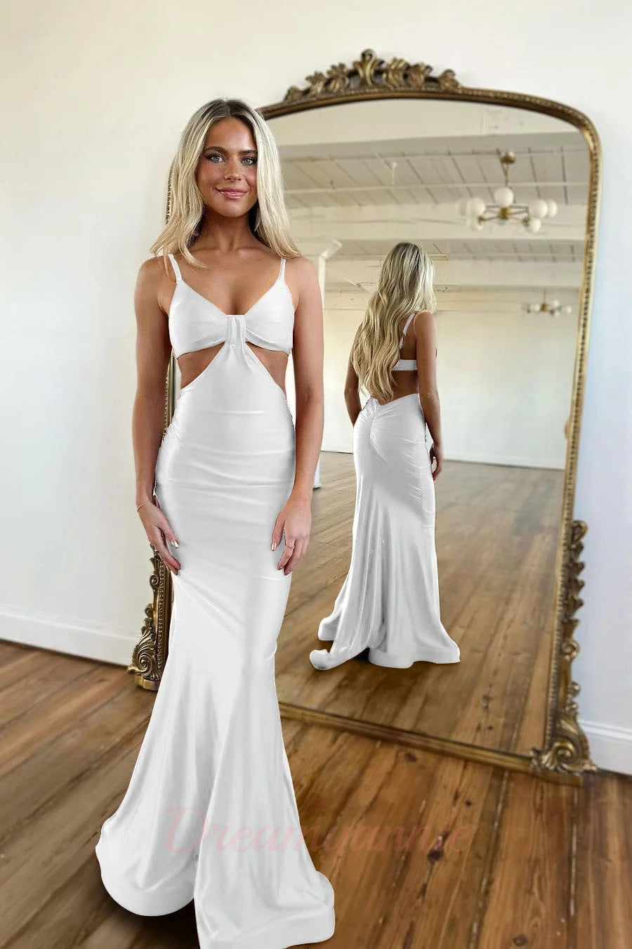 Red Prom Dress Spaghetti Straps Mermaid Cut Out Long Evening Dress with Slit