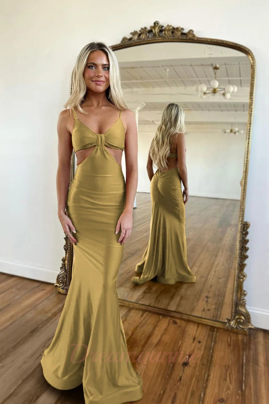 Red Prom Dress Spaghetti Straps Mermaid Cut Out Long Evening Dress with Slit