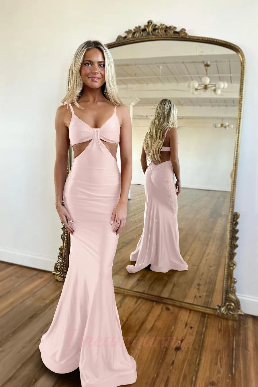 Red Prom Dress Spaghetti Straps Mermaid Cut Out Long Evening Dress with Slit