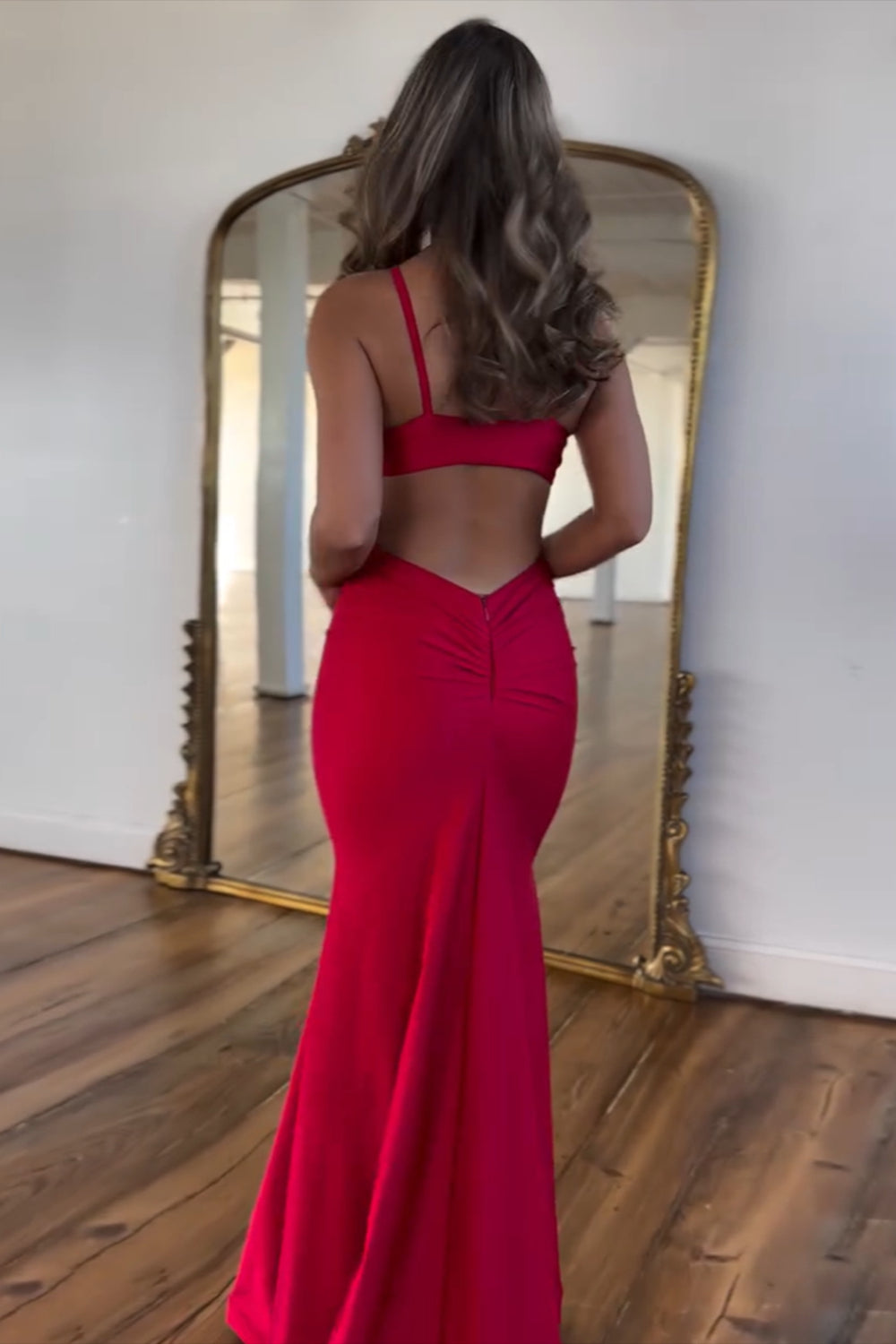 Red Prom Dress Spaghetti Straps Mermaid Cut Out Long Evening Dress with Slit