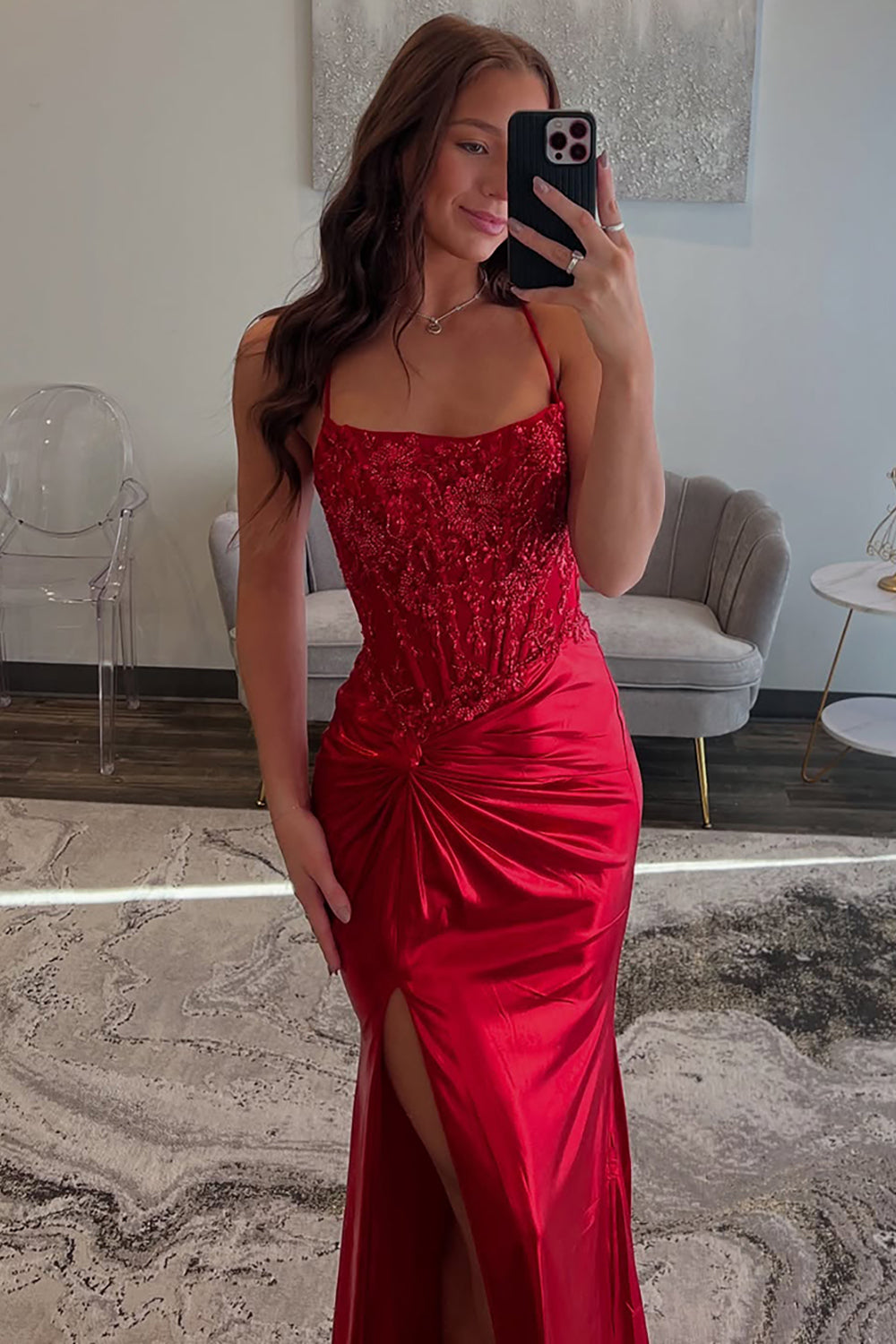 Red Prom Dress Spaghetti Straps Ruhed Long Lace Formal Dress With Appliques