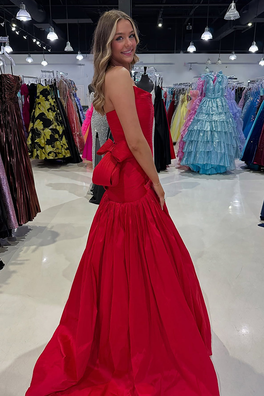 Red Prom Dress Strapless A Line Long Pageant Dress With Bow