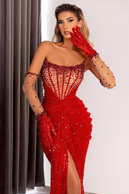Red Prom Dress Strapless Sequins Beading Split Sweep Train Front Formal Dress With Gloves