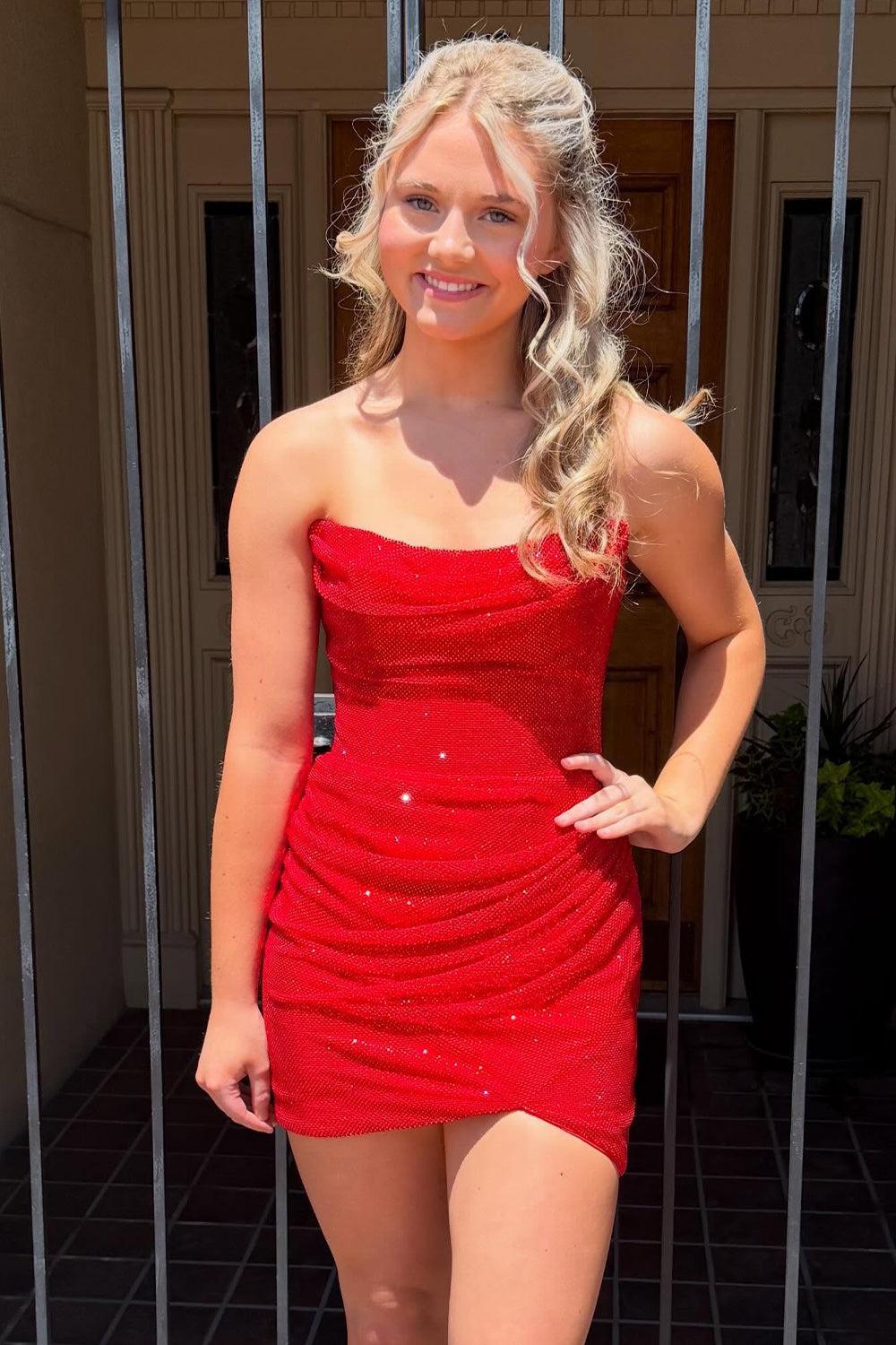 Red Sparkly Tight Strapless Short Homecoming Dress