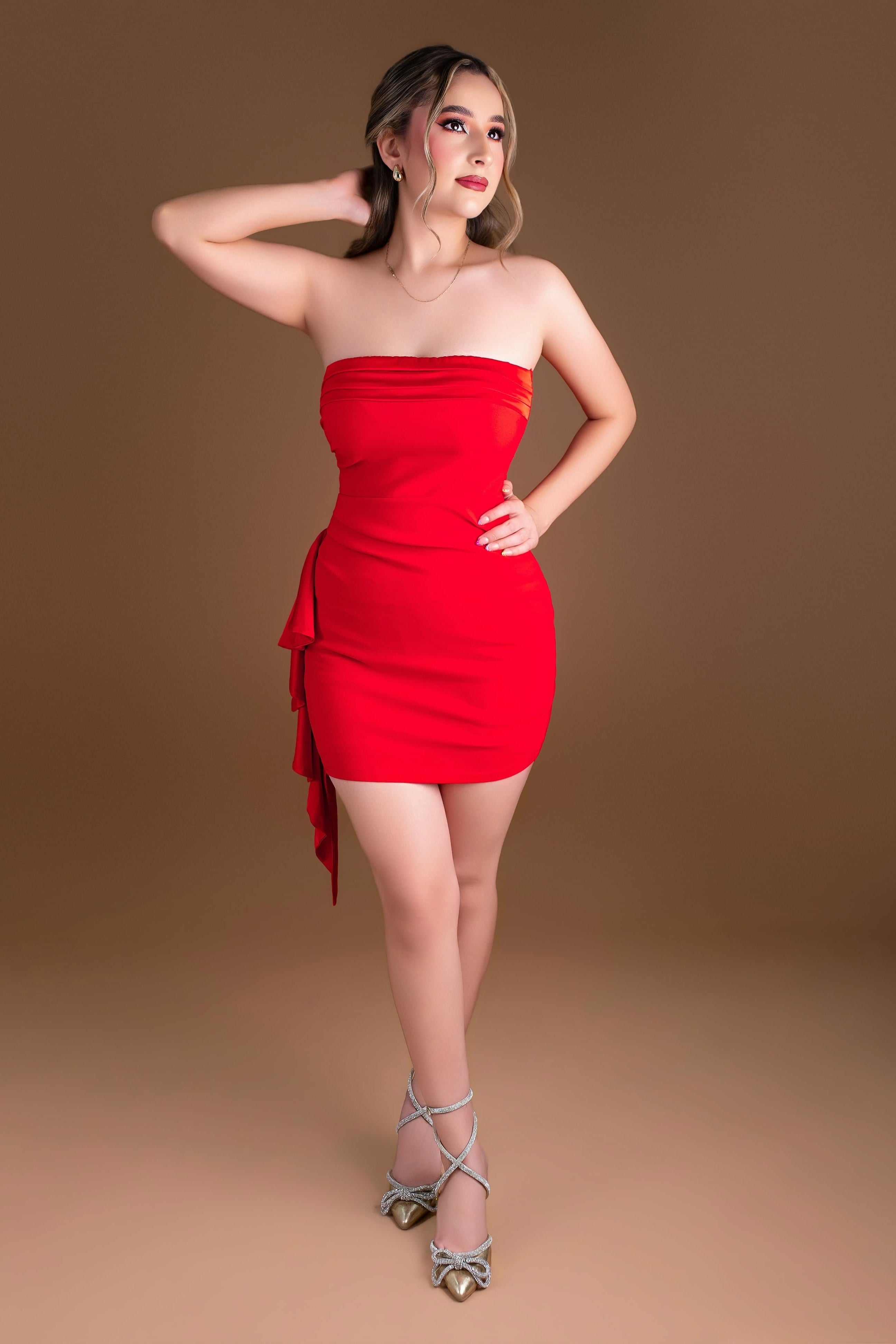 Red Strapless Bodycon Homecoming Dress with Ruffle Detail