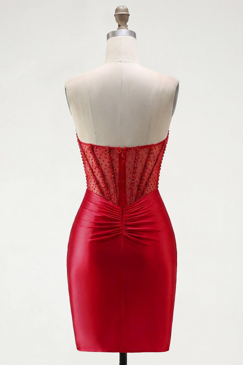 Short Red Tight Corset Strapless Homecoming Dress with Rhinestones