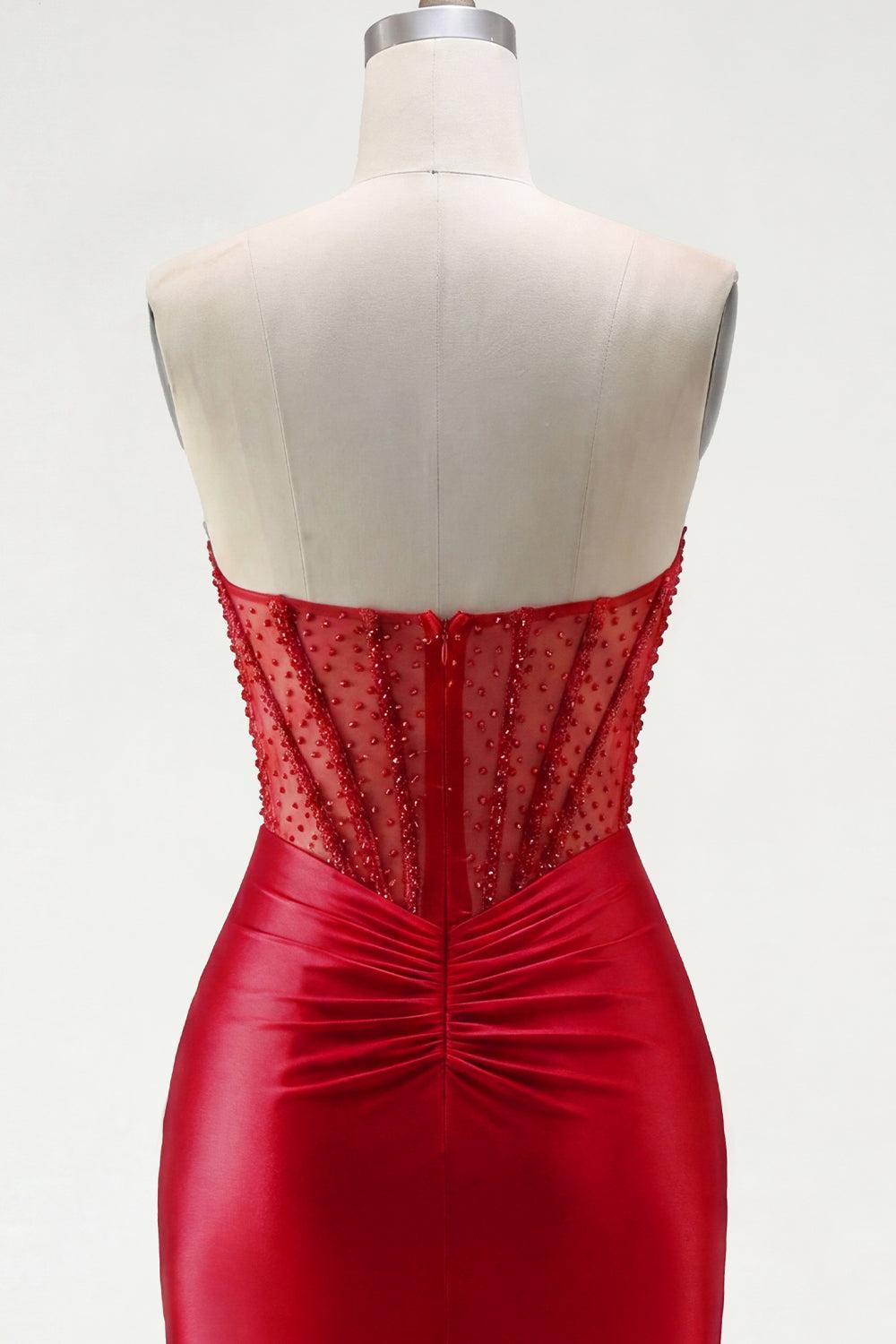 Short Red Tight Corset Strapless Homecoming Dress with Rhinestones
