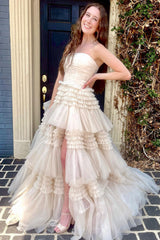Red Strapless Prom Dress Tulle Long Tiered Evening Dress with Slit