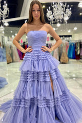 Red Strapless Prom Dress Tulle Long Tiered Evening Dress with Slit