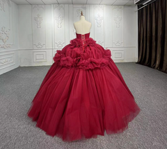 Red Strapless Quinceanera Dress Tulle Ball Gown Sweet 16 Dress