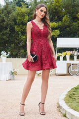 Red Tulle Lace A-Line Sleeveless Short Homecoming Dress