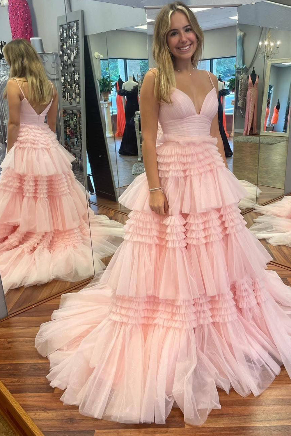 Red Tulle Spaghetti Straps Long Prom Dress