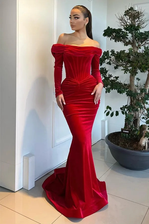 Red Velvet Formal Dress Mermaid Long Sleeve Christmas Party Dress