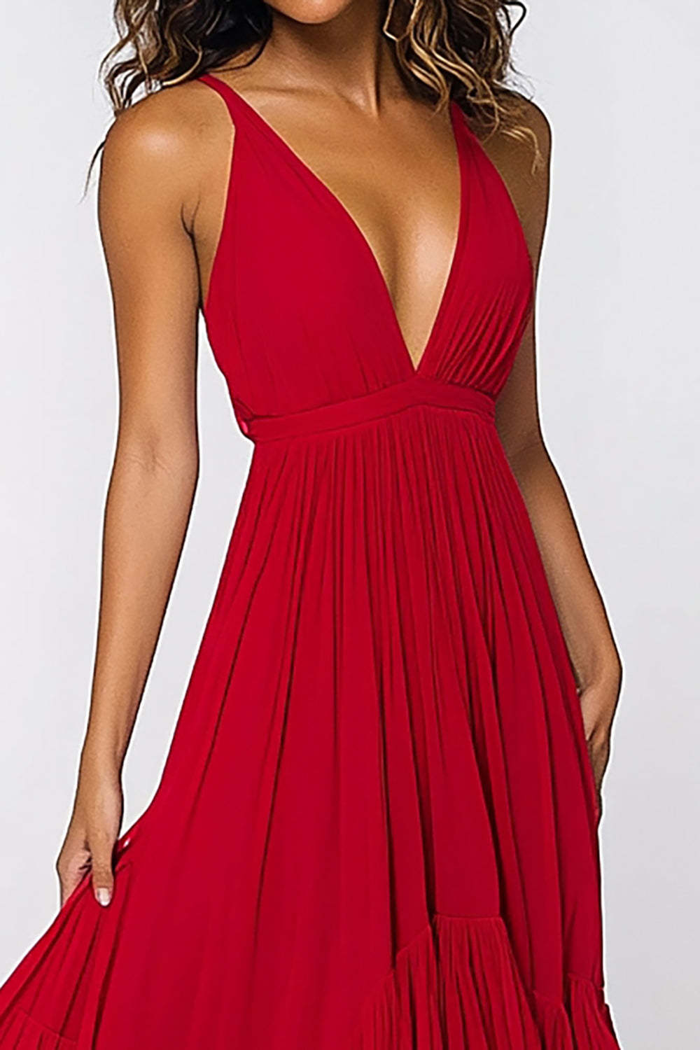 Red Wedding Guest Dress Deep V-Neck Pleated Ruffled Long Chiffon Formal Dress