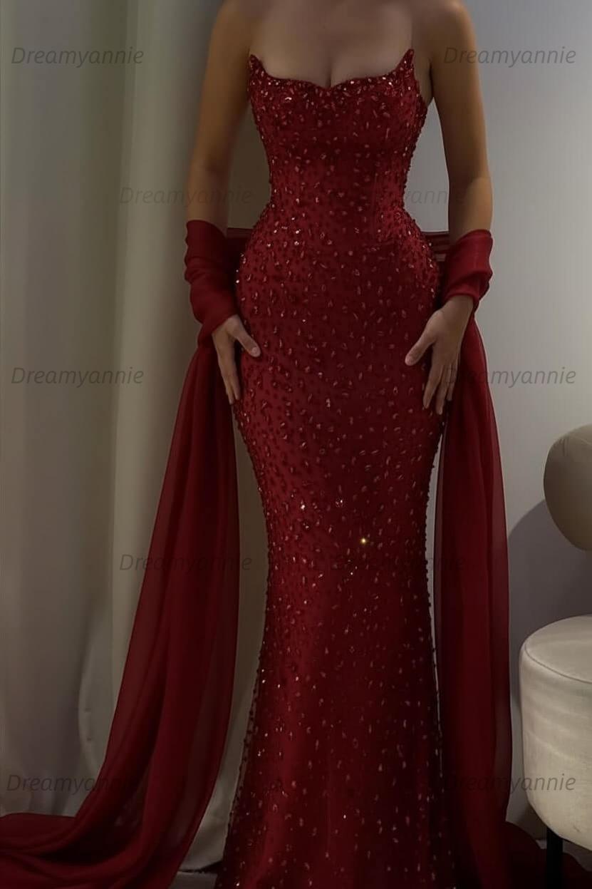 Pink Mermaid Prom Dress Strapless Beaded Formal Dress