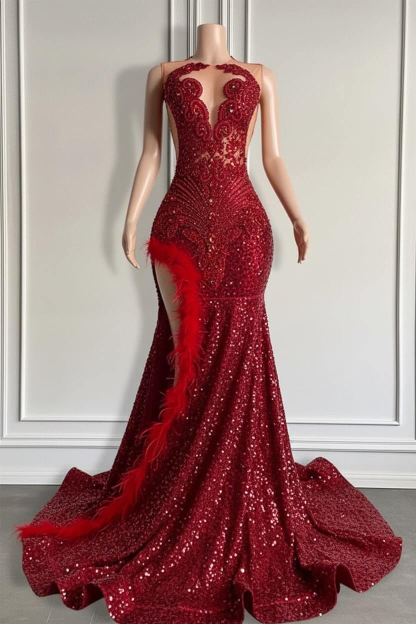 Mermaid Orange Sequined Formal Dress Lace Sleeveless Prom Dress with Feathers
