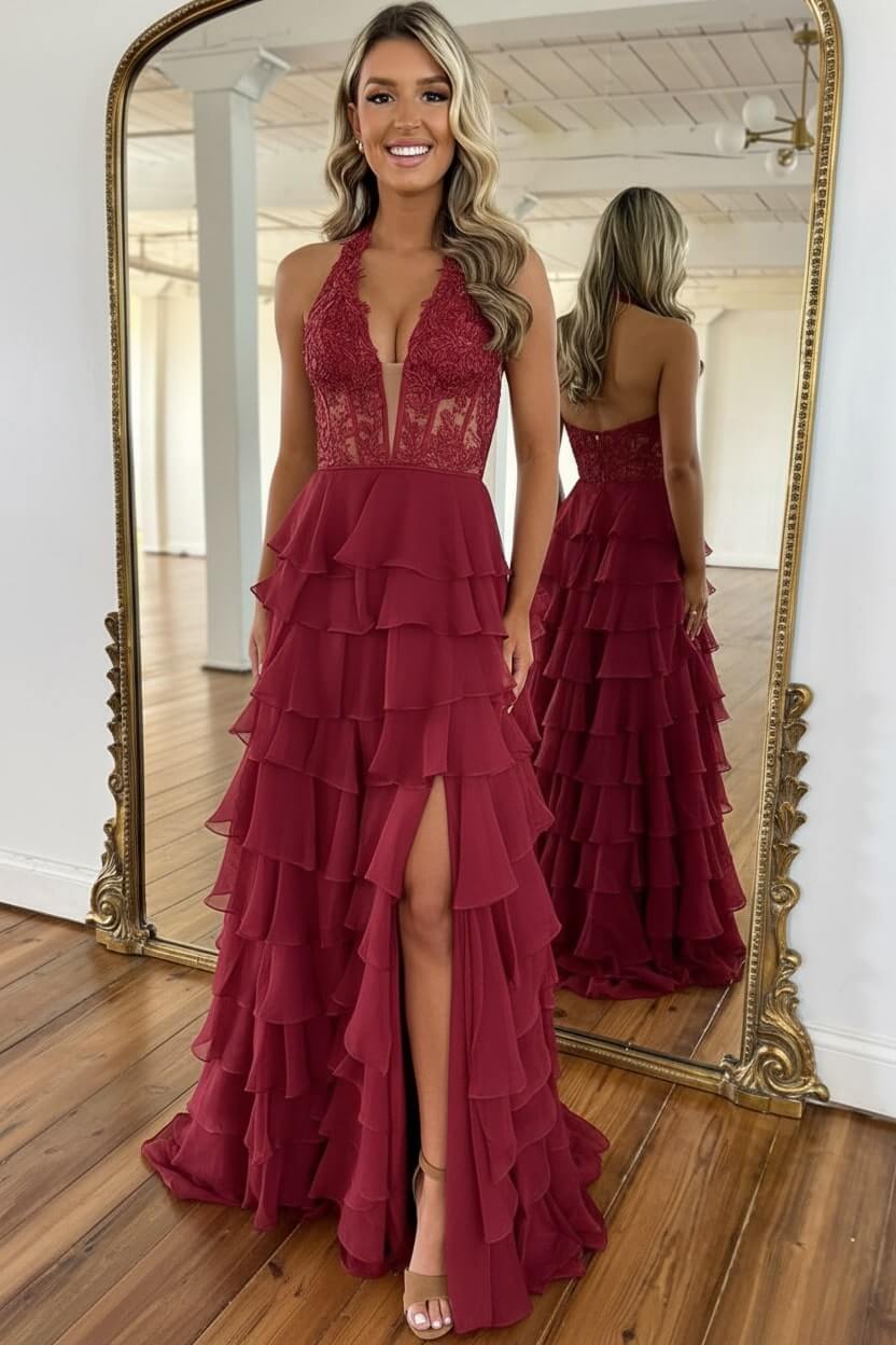 Dreamyannie Sky Blue Prom Dress Ruffled Halter Corset Formal Dress With Slit