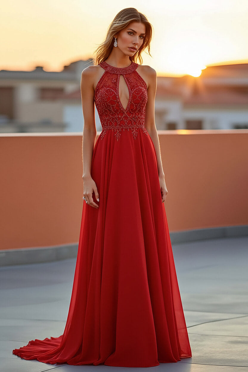Dreamyannie Beaded Navy Wedding Guest Dress Halter Long Formal Dress With Embroideries