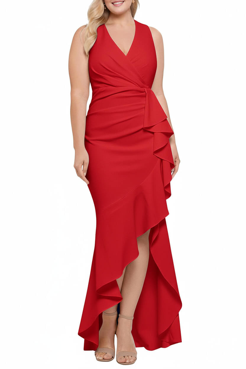 V Neck Sleeveless Plus Size Long Sheath Column Mother of the Bride Dresses with Ruffles