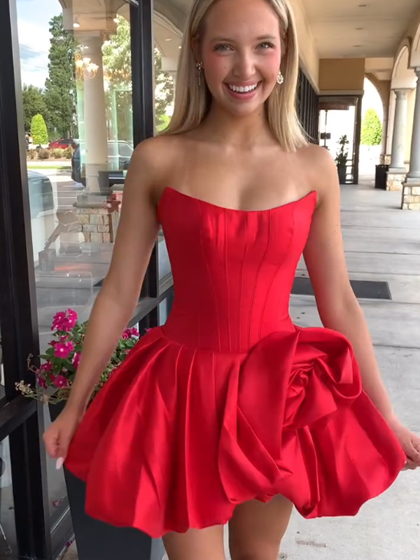 A-Line Bateau Strapless Satin Floral Homecoming Dress