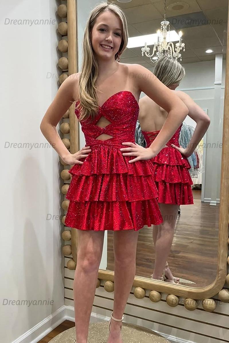 Orange A Line Strapless Sweetheart Satin Homecoming Dress with Keyhole