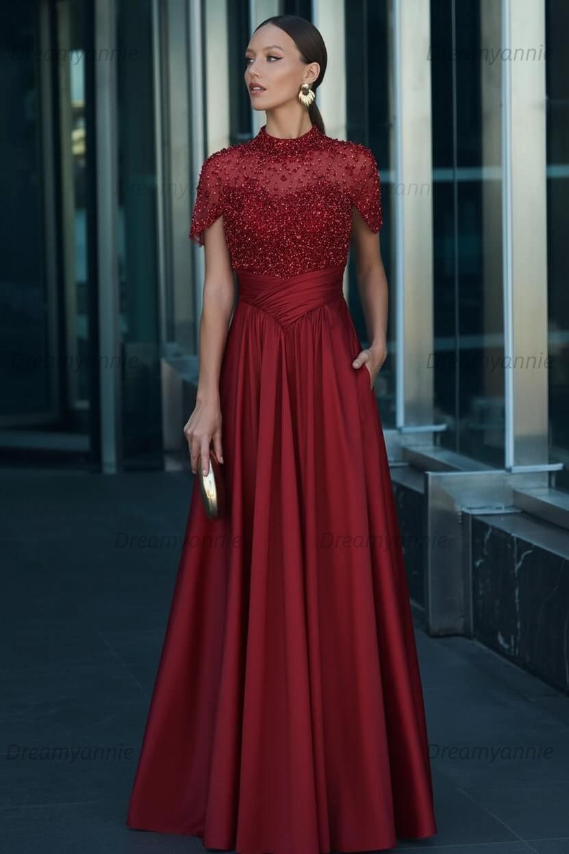 Green A Line Prom Dress Short Sleeve High Neck Beaded Formal Dress