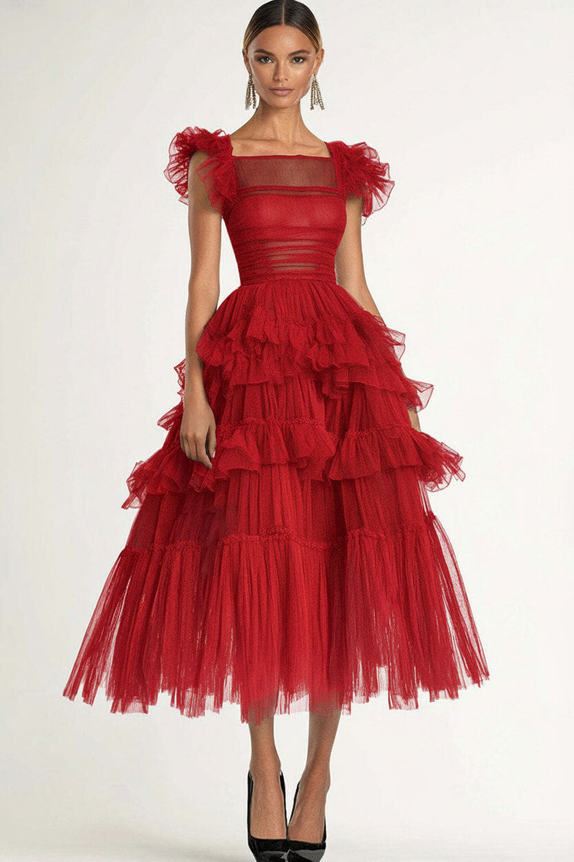 Dreamyannie Tea Length Black Wedding Guest Dress A-Line Flatter Sleeves Tulle Formal Dress With Ruffles
