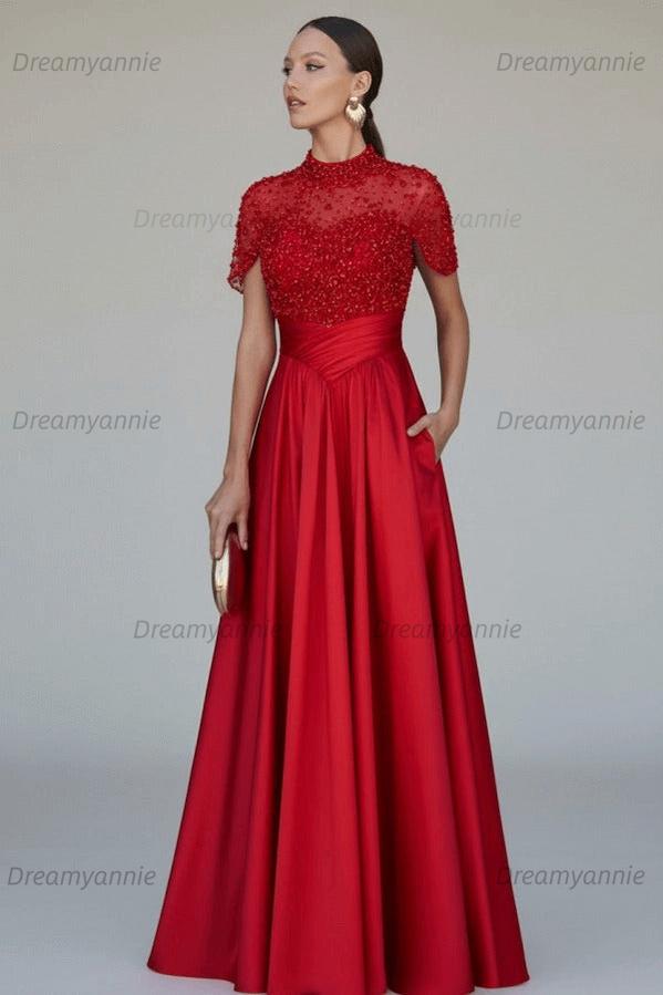 Green A Line Prom Dress Short Sleeve High Neck Beaded Formal Dress